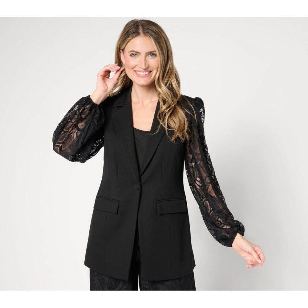 Dennis Basso Women's Petite Jacket 16P Ponte Knit Blazer Lace Black A675073